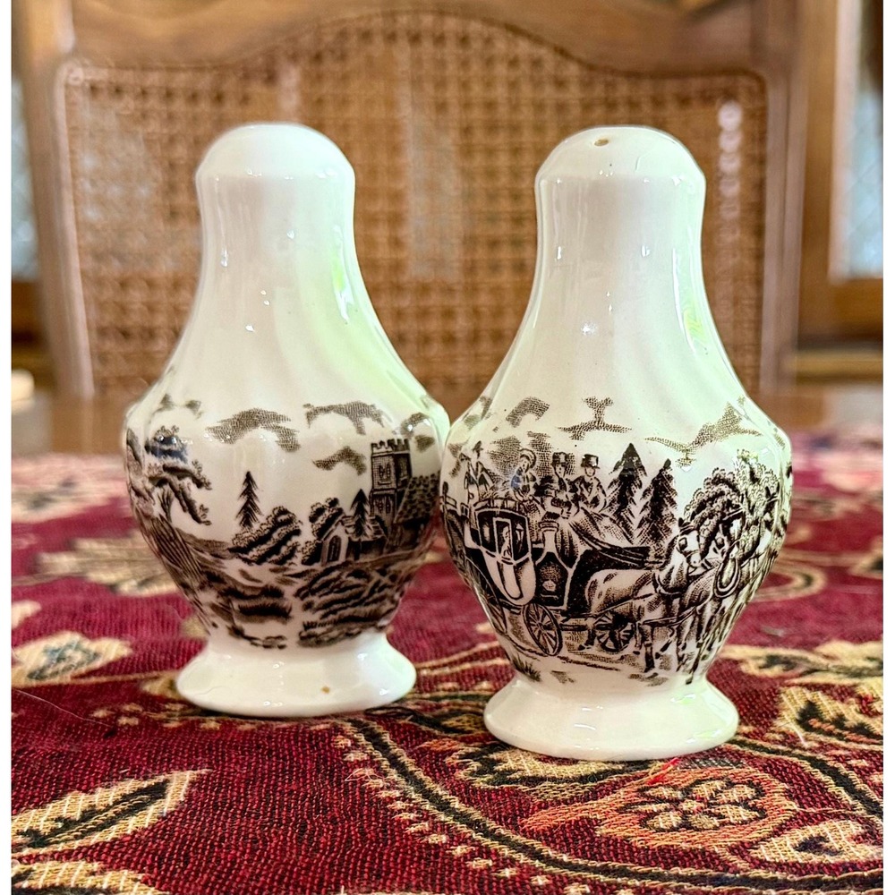 Vintage Royal Mail Brown Transferware Salt Pepper Shakers, English Countryside
